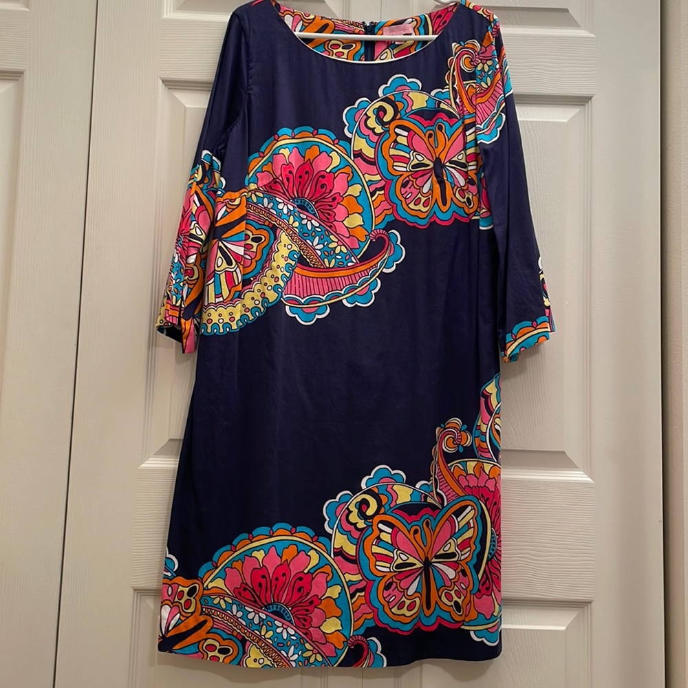 LILLY PULITZER 3/4 Sleeve Cotton Shift Dress, Navy Blue and Multi “Boho” print